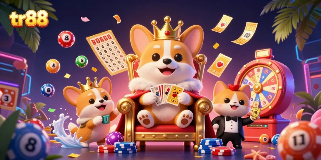 Engage with tr88's vibrant gaming scene featuring a royal corgi and dynamic casino elements.