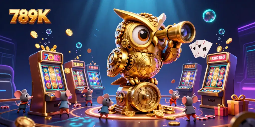 Engage with 789 K's lively casino scene with a golden owl, slot machines, and exciting games.