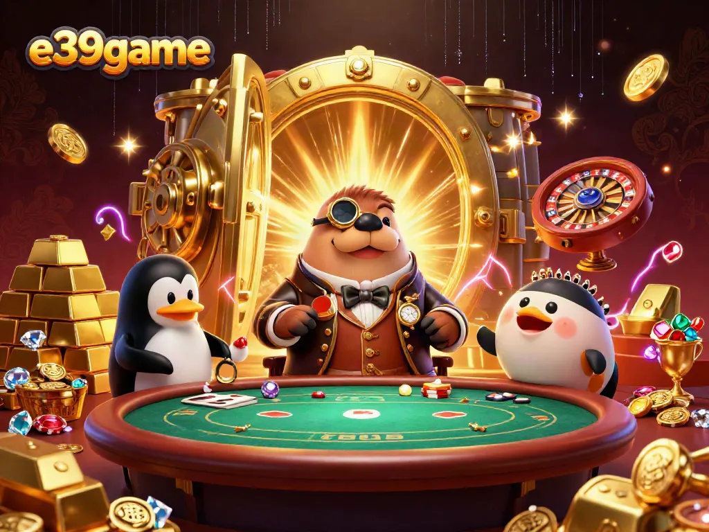 Engaging 3D scene of E39 game where a jolly walrus plays poker underwater, flanked by a penguin dealer and bluffing pufferfish, surrounded by treasure