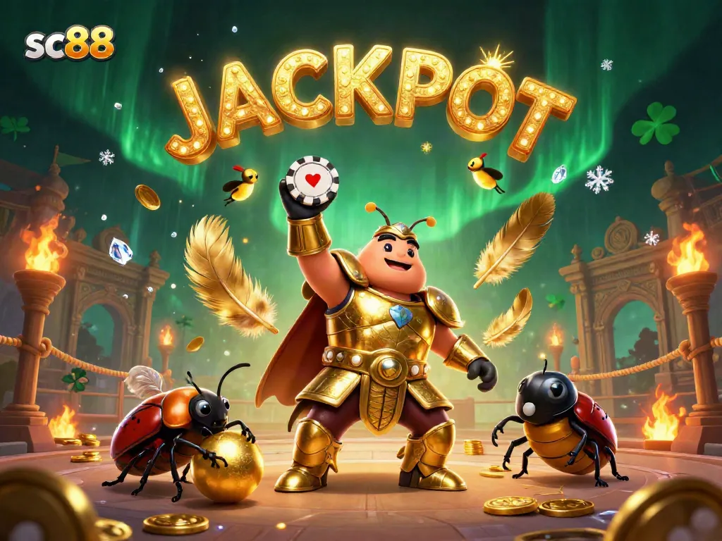Engage in thrilling moments at sc88, as a heroic beetle lifts a poker chip in a vibrant casino setting.