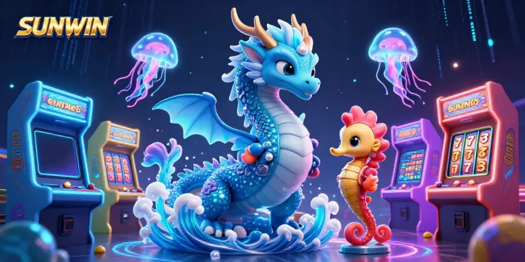 Engage with immersive SUNWIN gaming as the azure dragon and seahorse knight interact amidst vibrant slots.