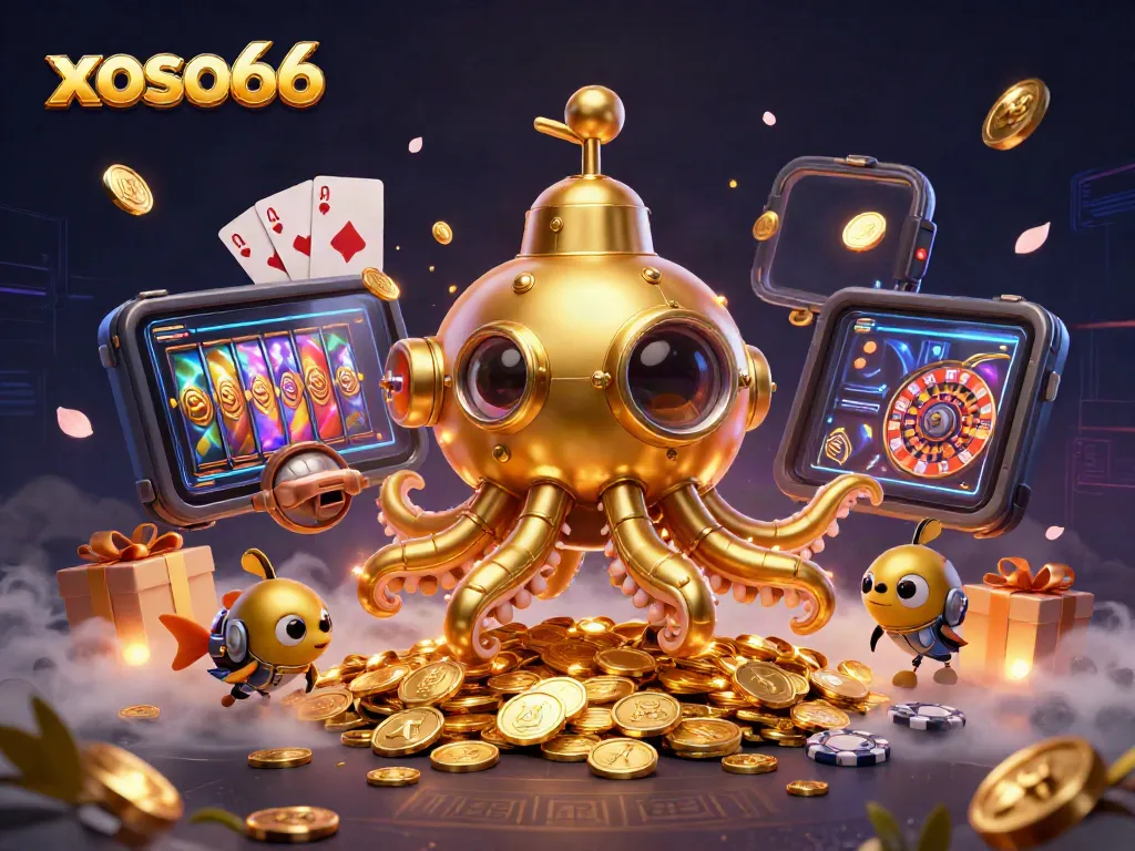 Experience thrilling gameplay with xoso66 in this vibrant 3D casino scene filled with golden coins and playful characters.
