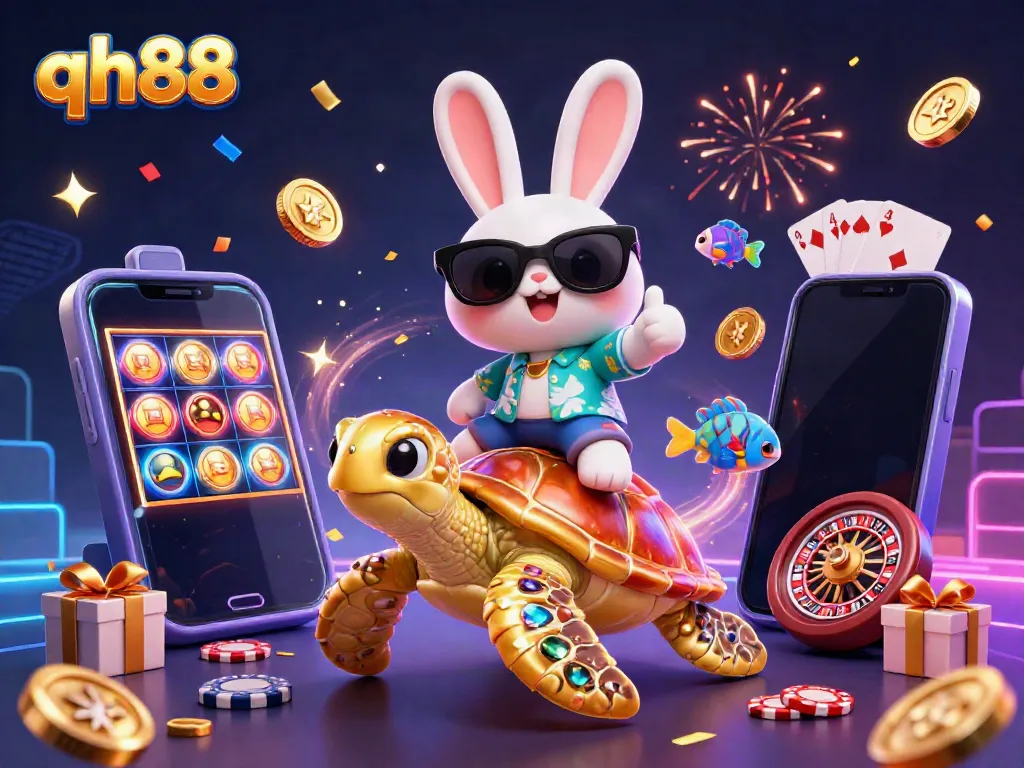 Experience the qh88 adventure with a lucky rabbit and golden turtle in a vibrant casino scene.