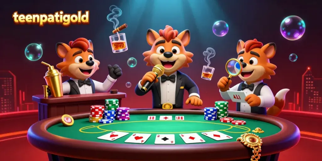 Hyenas entertaining and managing a vibrant casino scene promoting teenpatiigold with engaging elements.