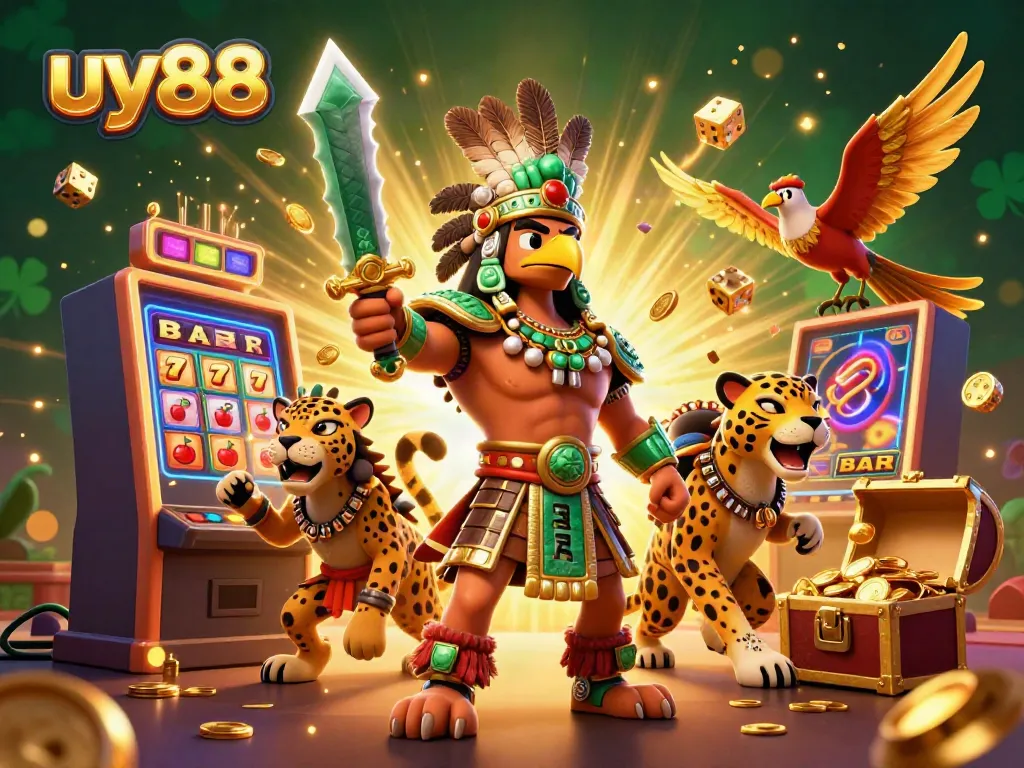 Experience the vibrant world of uy88 with an Aztec warrior, massive slot machine, and golden treasures!
