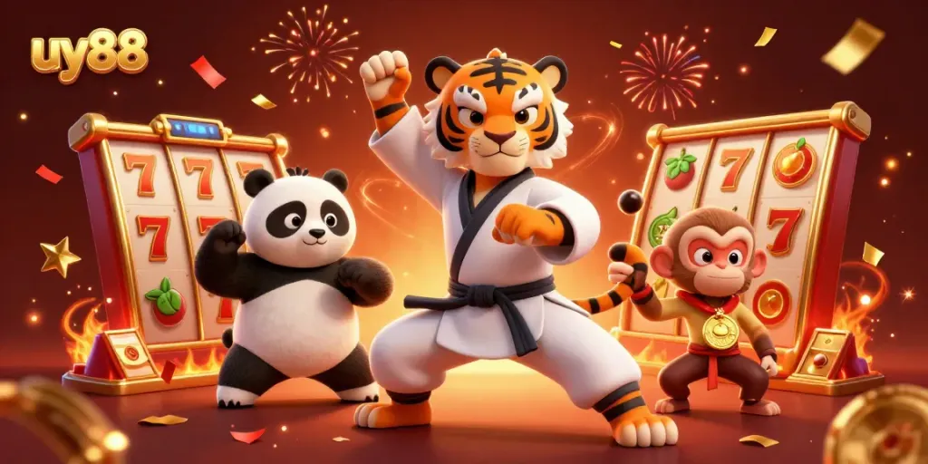 Engage with uy88's exciting online slots, featuring vibrant 3D casino characters and festive elements.