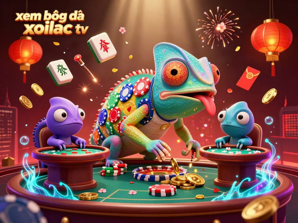 Experience xem bóng đá xoilac tv in a vibrant 3D chameleon casino scene full of colorful elements.