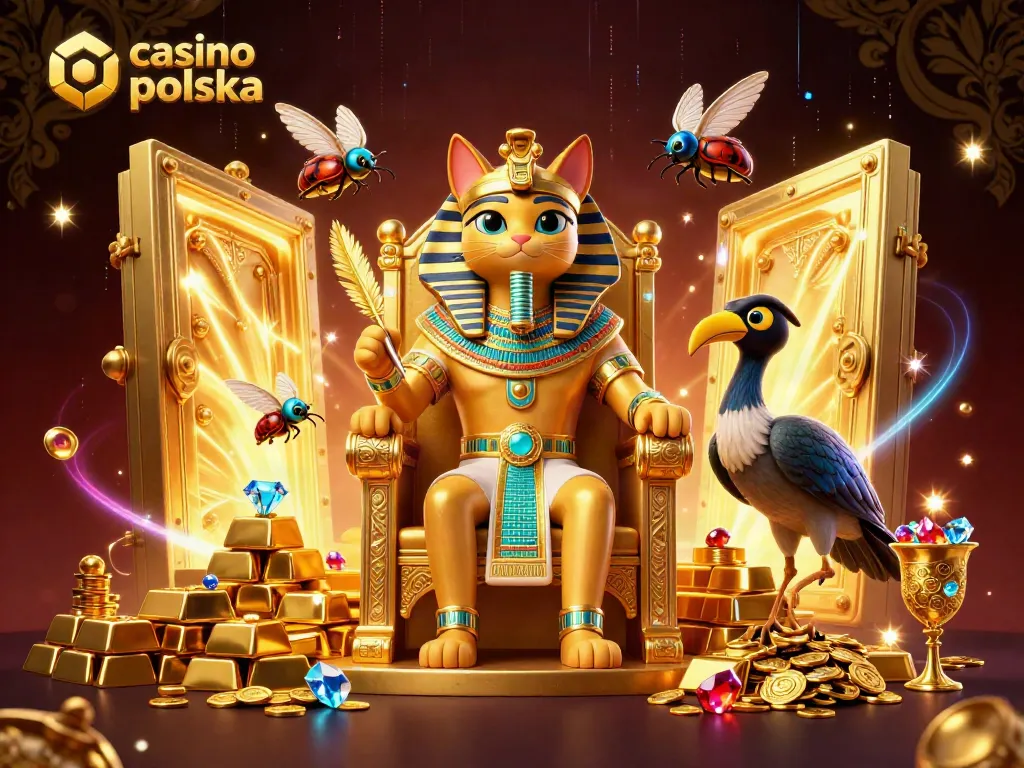 Experience the thrill of casino online polska with a vibrant scene of characters amidst treasures and gaming elements.