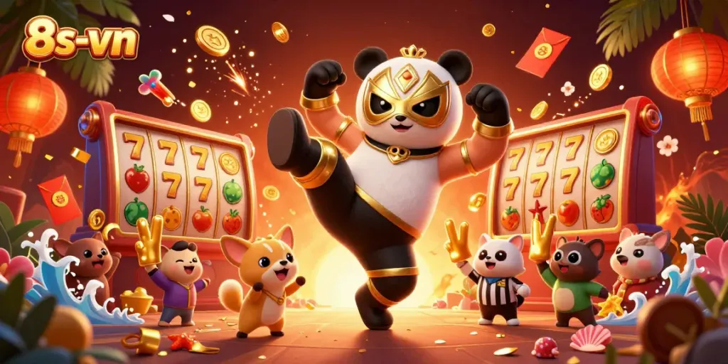 Experience the excitement of 8s-vn with a panda wrestler in a vibrant casino scene.