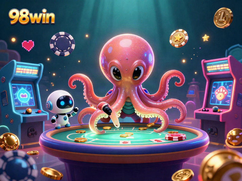 Engage with 98win as a vibrant alien octopus navigates a holographic poker table amidst cosmic gaming elements.