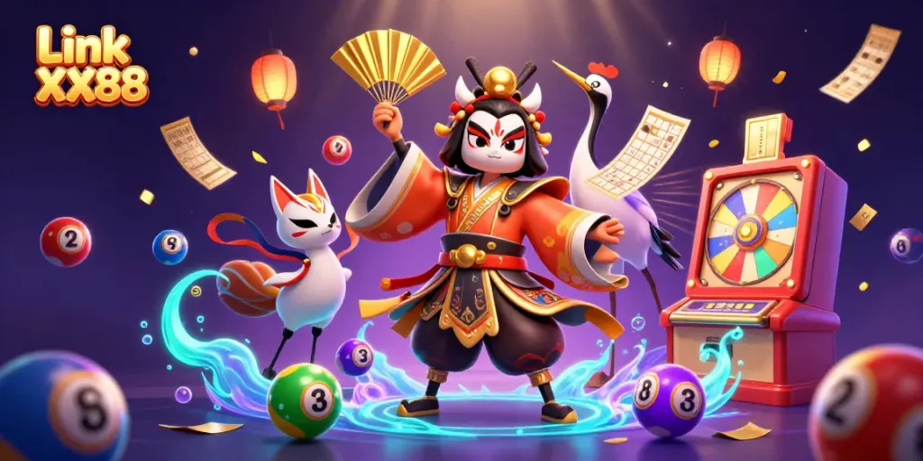 Experience exciting winnings with Link XX88 in a vibrant, detailed casino illustration bursting with games and energy.