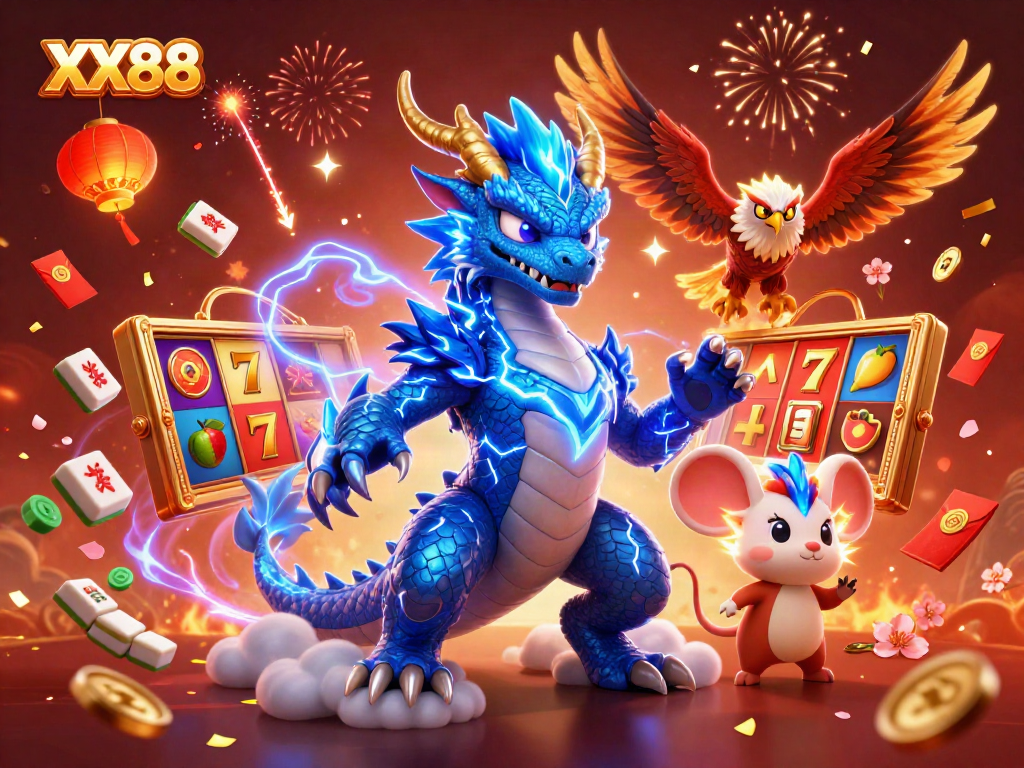Experience the excitement of XX88 slots with vibrant reels, dragons, and festive elements.