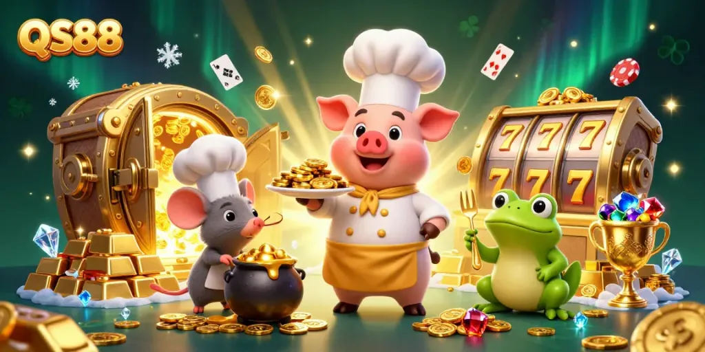 Experience winning strategies at QS88's vibrant gaming scene filled with gold, slots, and excitement.