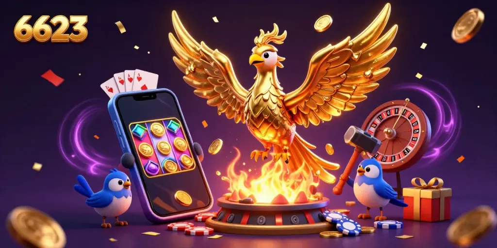 Experience thrilling games at 6623 with the golden phoenix and vibrant casino elements.