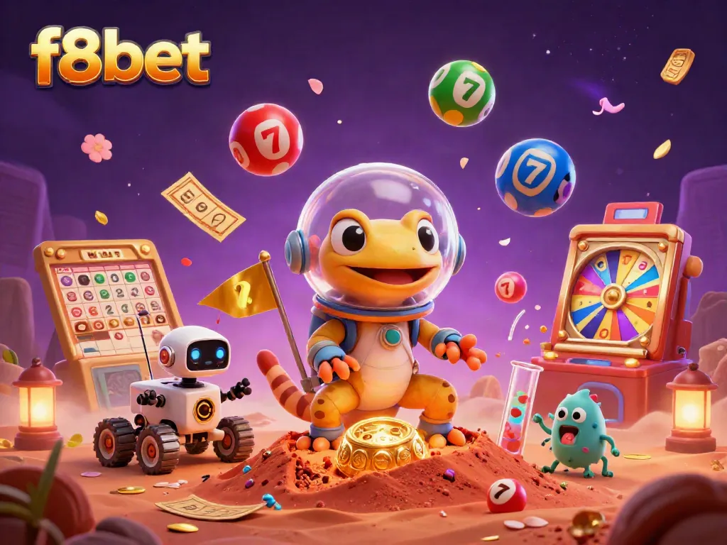 Experience the excitement of f8bet as a Martian gecko discovers a golden casino amidst a colorful lottery scene.