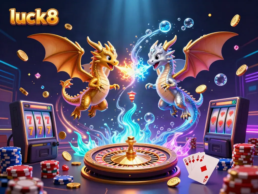 Engage with luck8 in a vibrant 3D scene featuring golden dragons, casino games, and colorful elements.