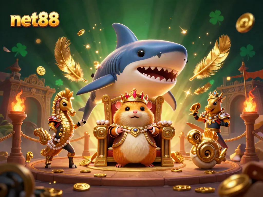 Engage with net88's thrilling gambling experience through an illustrated scene of a royal hamster king and playful sea-themed elements.