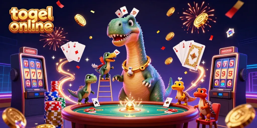 Merayakan kemenangan togel online dengan ilustrasi kasino penuh warna dan detail, menampilkan brontosaurus dan raptor.