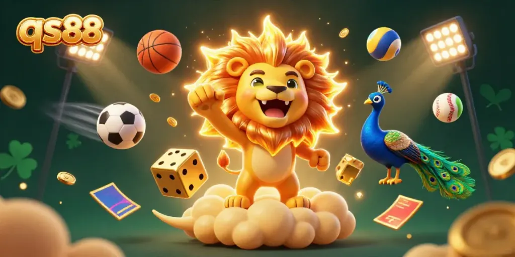 qs88 online casino showcasing a vibrant 3D scene with a majestic lion, golden dice, and dynamic sports elements.
