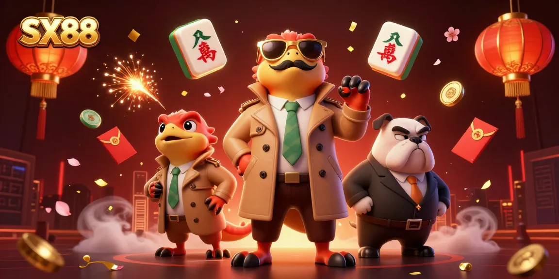 SX88 showcases three raptors in a trench coat attempting entry into a VIP casino, surrounded by mahjong tiles and lanterns.