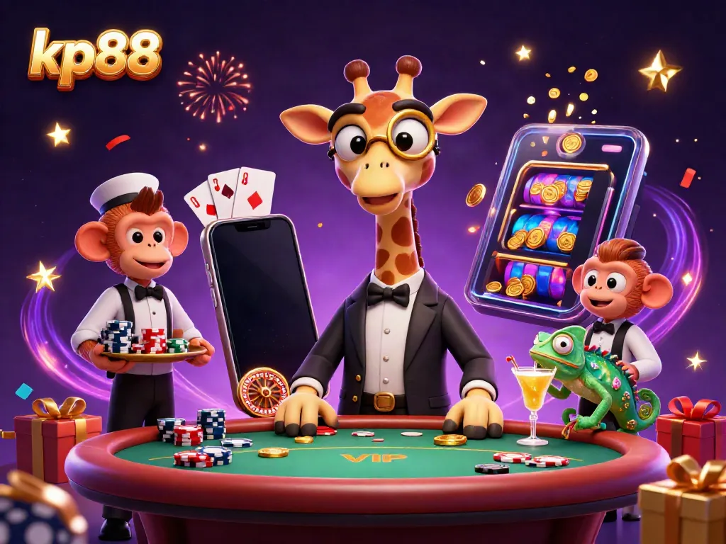 Engage with exciting games at kp88, where a high-roller giraffe interacts in a vibrant casino scene.