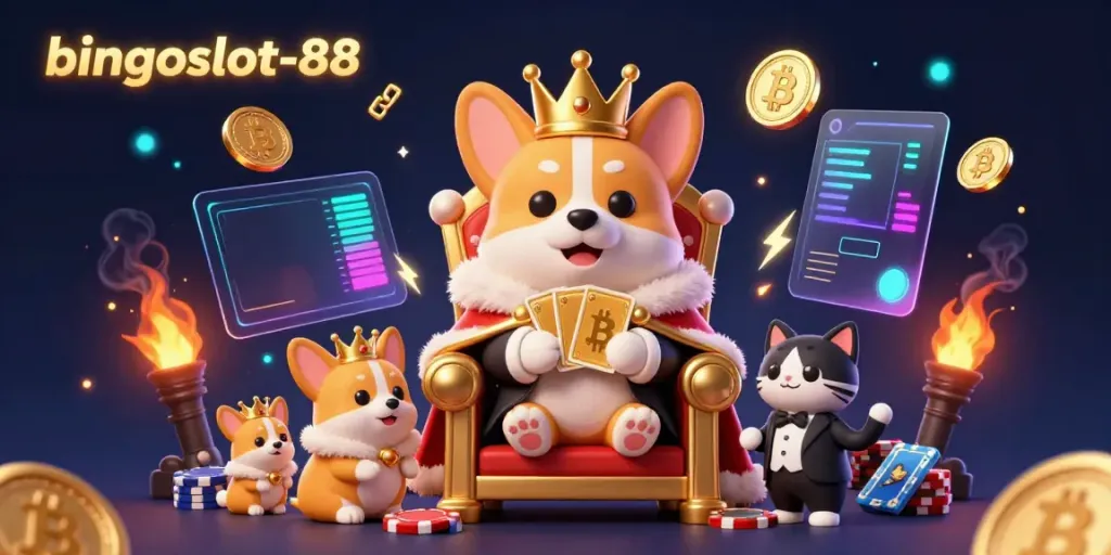 Bingoslot-88 menyajikan ilustrasi kasino penuh warna dengan corgi kerajaan dan elemen crypto yang menarik.