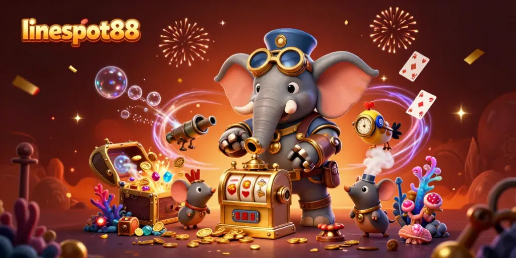 Vibrant slot gaming scene featuring lineslot88 with a steampunk elephant and dynamic elements.