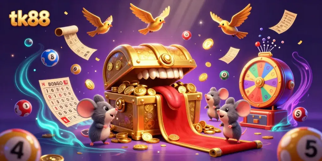 Engage in thrilling games at tk88 with a vibrant 3D illustration of a treasure chest and colorful lottery elements.