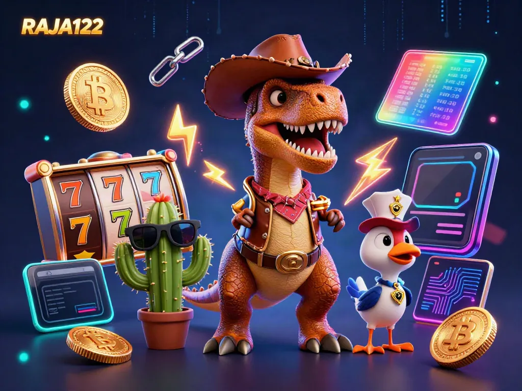 Experience thrilling wins with RAJA122 in this dynamic casino illustration featuring slot reels and vibrant characters.