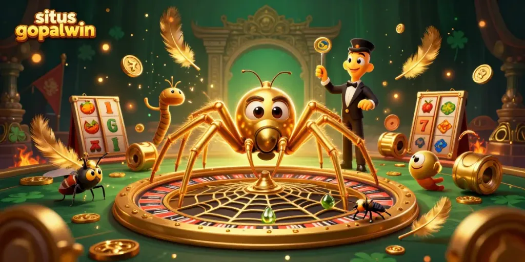 Engage in thrilling bets at situs gopalwin with a dynamic 3D casino illustration featuring a golden spider.