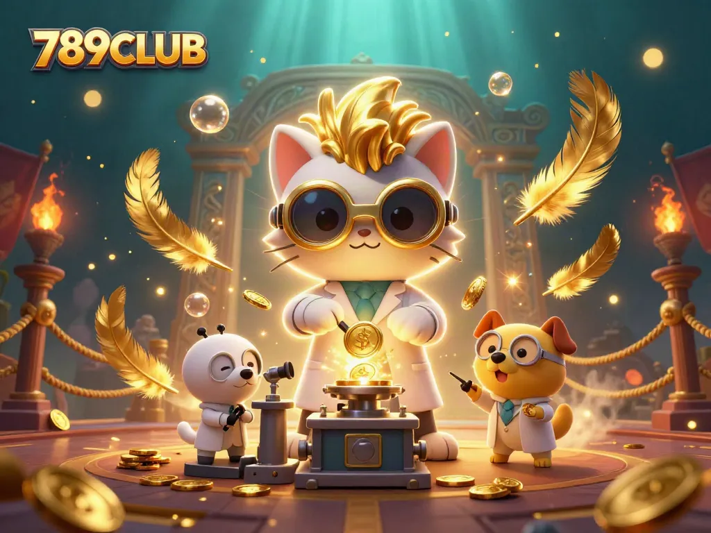 Engage with thrilling gameplay at 789CLUB as the mad scientist cat creates wealth in a whimsical casino scene.
