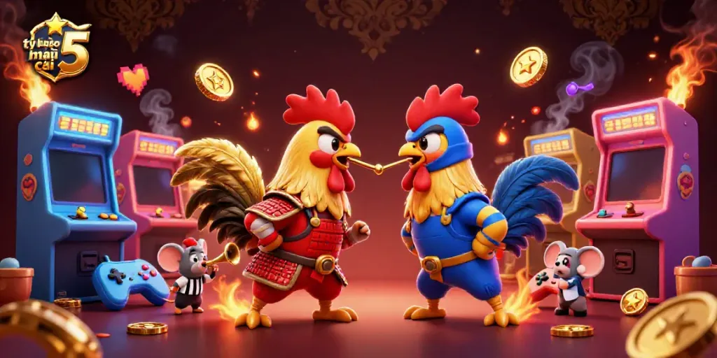 Engage in the thrilling world of tỷ lệ kèo nhà cái 5 through a dynamic showdown of cartoon fighting roosters.