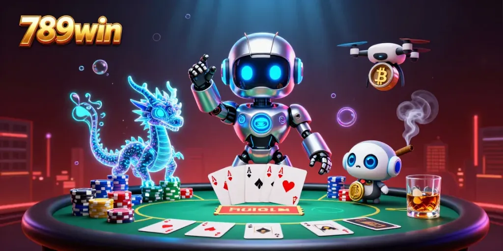 Immerse in the excitement of 789win with a vibrant 3D casino scene showcasing poker elements and digital companions.
