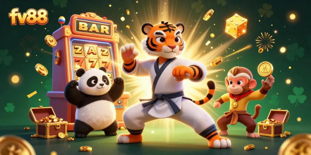 Experience excitement at fv88 casino with a lively scene of animated characters and thrilling game elements.