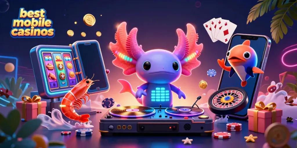 Experience the excitement of the best mobile online casinos with neon characters and dynamic casino elements.