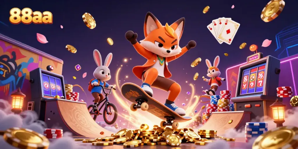 Experience the excitement of 88aa with skateboarders and casino symbols in a vibrant scene.