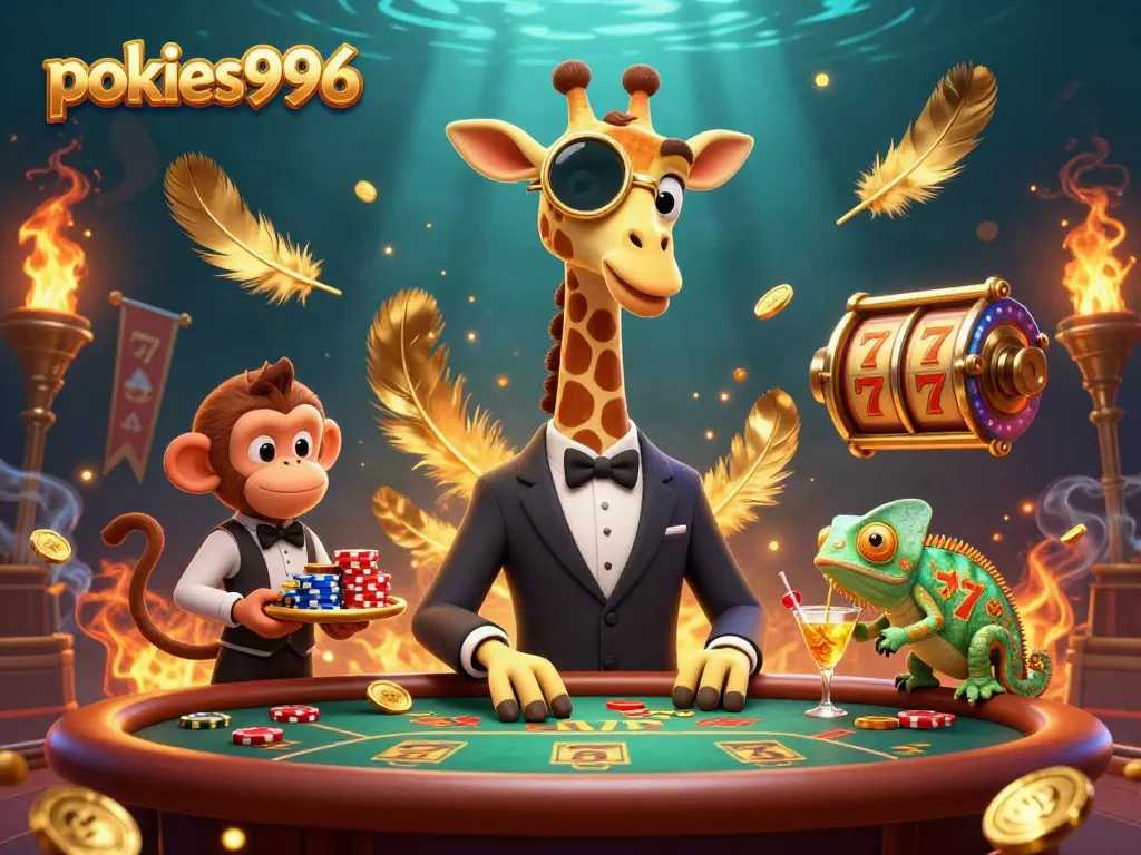 Experience the excitement of pokies996 with a vibrant 3D scene of casino characters enjoying high stakes!