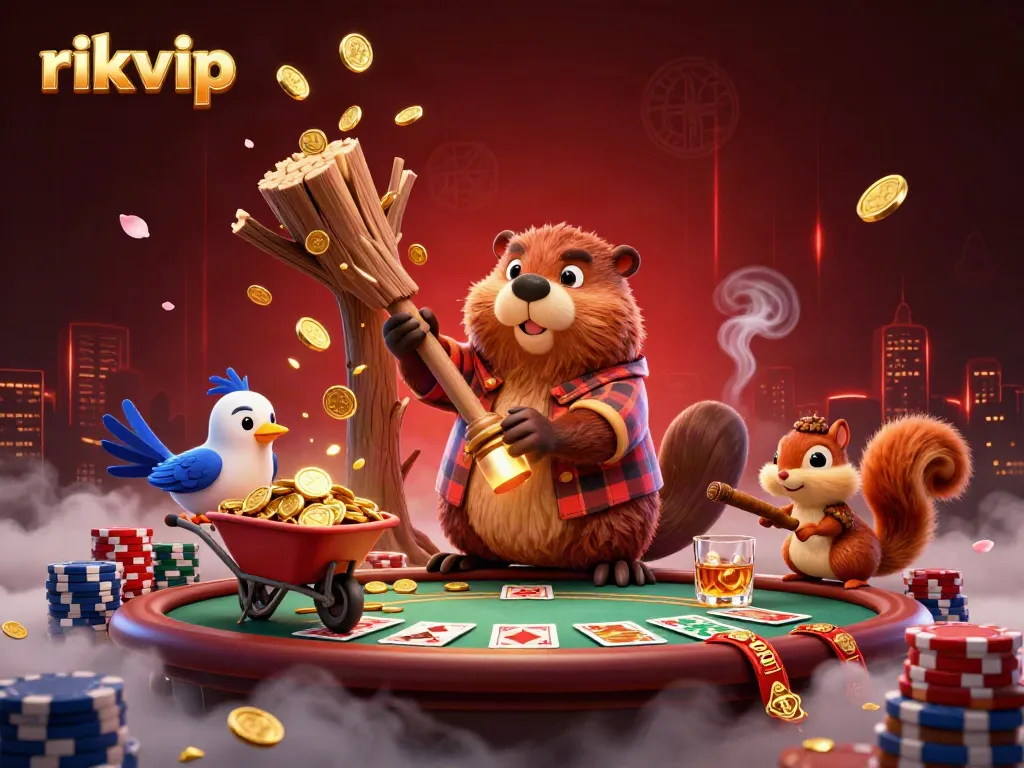 Experience winning moments at rikvip with a 3D beaver and friends celebrating at a lively poker game.