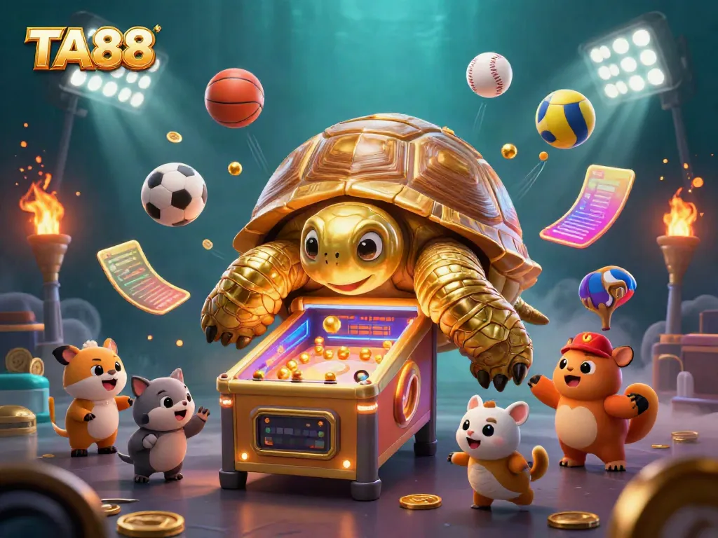 Experience thrilling action at TA88 with a colossal tortoise pinball machine surrounded by excited players.