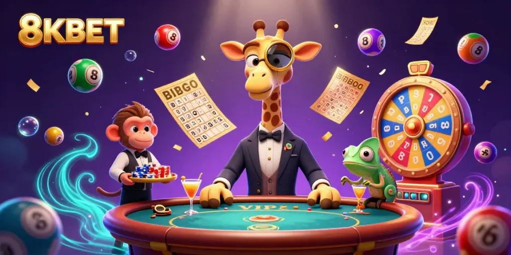 Engage in thrilling casino moments with 8KBET as a giraffe high roller strategizes at a poker table.