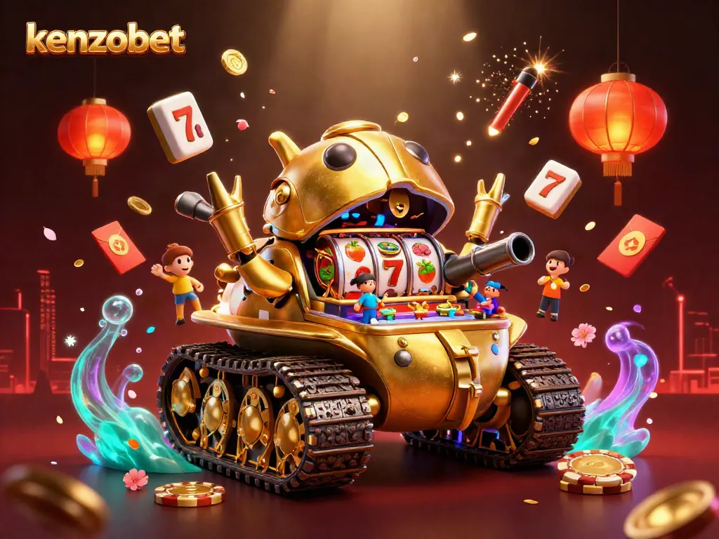 Engage in the vibrant world of kenzobet with a golden tank revealing a mini casino, surrounded by festive gaming elements.