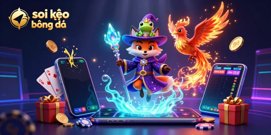 Engaging depiction of soi kèo bóng đá with a magical wizard fox, phoenix, and enchanted frog amidst dynamic betting elements.