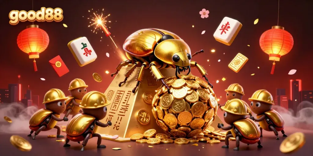 Engage in thrilling gameplay with good88 as golden beetles roll coins towards jackpot glory amidst dazzling casino symbols.