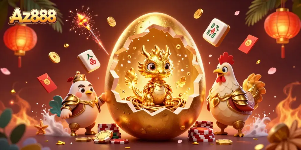 Engage with Az888's thrilling gaming experience featuring a golden baby dragon on poker chips amidst vibrant casino elements.