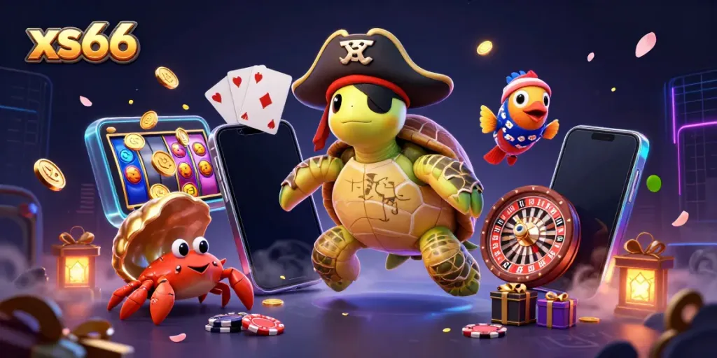 Experience thrilling gaming action with xs66 featuring a pirate turtle and casino elements.
