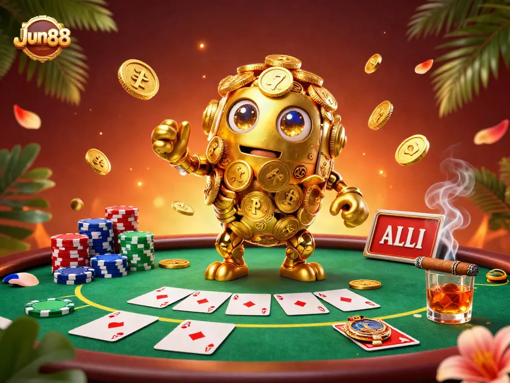 Experience excitement at Jun88 with a fantastical golden golem and vibrant poker scene showcasing thrilling action.