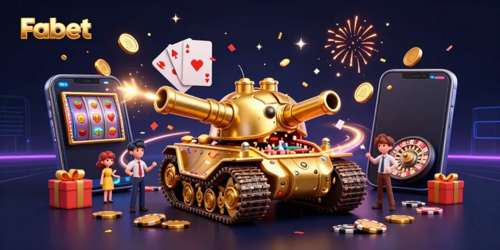 Engage with Fabet's thrilling casino experience inside a golden beetle tank surrounded by dynamic gaming elements.