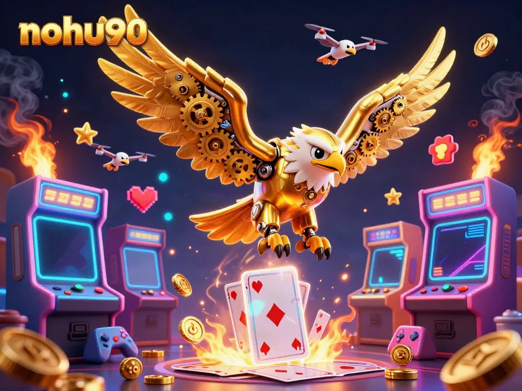 Nohu90 showcases a dynamic scene with a golden eagle among holographic cards and colorful gaming elements.