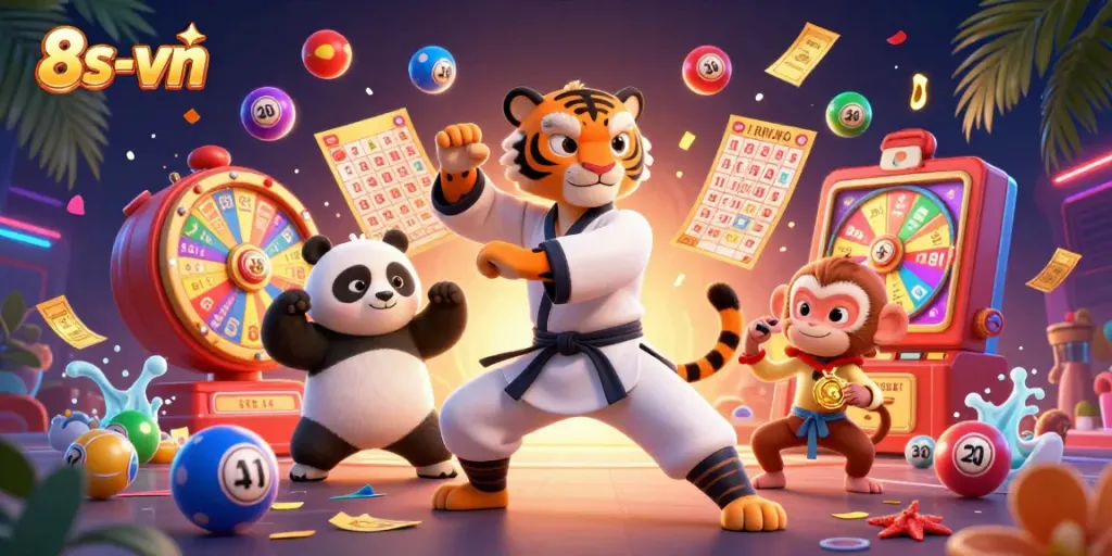 Engage with lottery excitement in 8s-vn with 3D characters amid vibrant gaming elements.