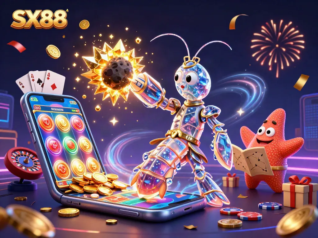 SX88 ignites excitement in a vibrant casino-themed 3D illustration with galactic characters and gaming elements.